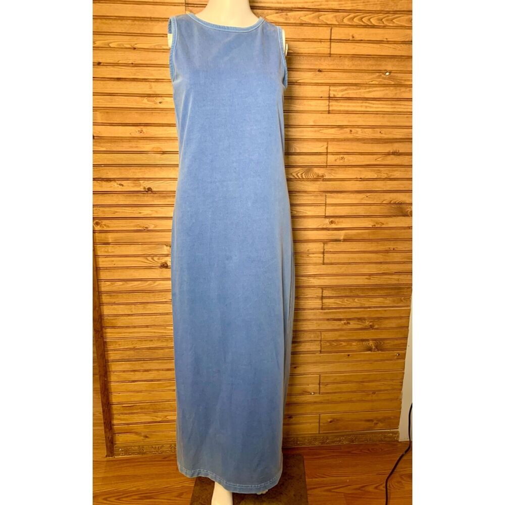 Vtg 90s Dusty Blue Marsh Landing Maxi Body Con Tshirt Tank Dress - Cotton - Smal